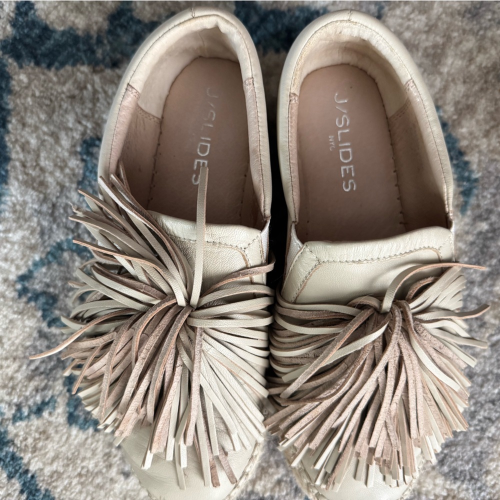 JSlides Leather Fringed Cream Espadrilles